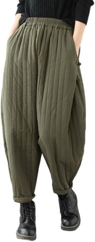 Women Winter Warm Down Cotton Pants Thicker Padded Quilted Pants Relaxed Fit Loose Leg Trousers with Pockets in Kuwait