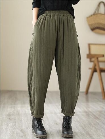 Women Winter Warm Down Cotton Pants Thicker Padded Quilted Pants Relaxed Fit Loose Leg Trousers with Pockets in Kuwait