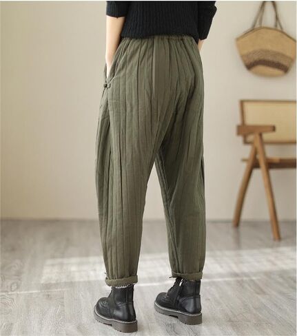Women Winter Warm Down Cotton Pants Thicker Padded Quilted Pants Relaxed Fit Loose Leg Trousers with Pockets in Kuwait