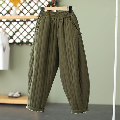 Women Winter Warm Down Cotton Pants Thicker Padded Quilted Pants Relaxed Fit Loose Leg Trousers with Pockets in Kuwait