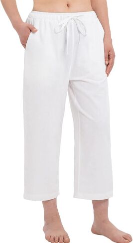 Bonnorth Women's Cotton Linen Drawstring Elastic Waist Loose Wide Leg Cropped Pants with Pockets in Kuwait