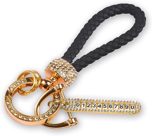 Worcas Car Keychain With Bling Rhinestones,eather Woven Keychain with anti loss telephone number plate for all Cars in Saudi Arabia
