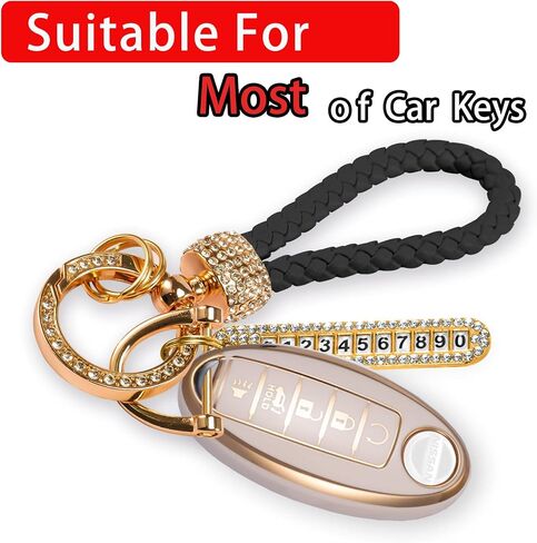 Worcas Car Keychain With Bling Rhinestones,eather Woven Keychain with anti loss telephone number plate for all Cars in Saudi Arabia