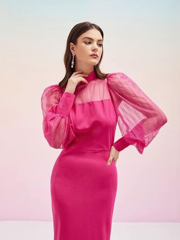 فستان Romwe نسائي برقبة وهمية وأكمام شبكية طويلة وسحاب خلفي in Kuwait