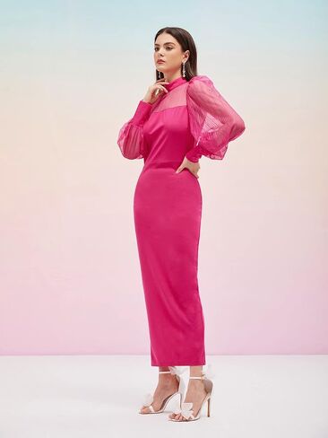 فستان Romwe نسائي برقبة وهمية وأكمام شبكية طويلة وسحاب خلفي in Kuwait