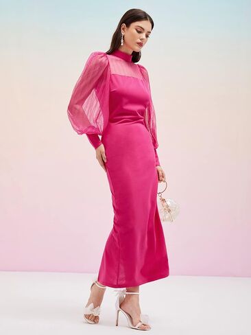 فستان Romwe نسائي برقبة وهمية وأكمام شبكية طويلة وسحاب خلفي in Kuwait