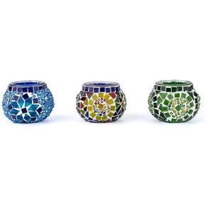 KAFTHAN Mosaic Glass Tealight Candle Holder Set of 3 - Decorative Unique Table Centerpiece for Wedding, Ball & Home - Lighting, Aromatherapy, Party & Gift - (2.4" x 2", Blue, Multicolor, Green)