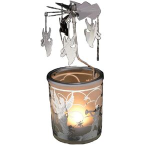 Spinning Angel Candleholder - Silver Angels Spin Around This Frosted Glass Scandinavian Design Candle Holder - Rotary Candle Holder - Carousel Candles