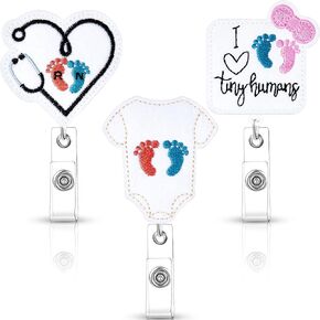 Gersoniel 3 Pcs Baby Badge Reels Nicu Nurse Labor and Delivery Retractable Baby Feet Ob GYN Felt Badge Reels for Labor and Delivery Nicu Nurses Gifts Pediatric Doctors