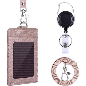 Wisdompro Retractable Badge Holder with Lanyard, Double Sided PU Leather ID Card Holder with Carabiner Badge Reel Clip and 18.8 inch Neck Lanyard - Black, Vertical