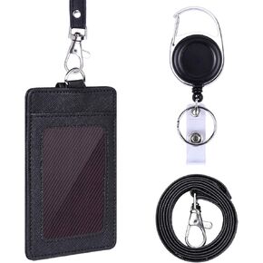 Wisdompro Retractable Badge Holder with Lanyard, Double Sided PU Leather ID Card Holder with Carabiner Badge Reel Clip and 18.8 inch Neck Lanyard - Black, Vertical