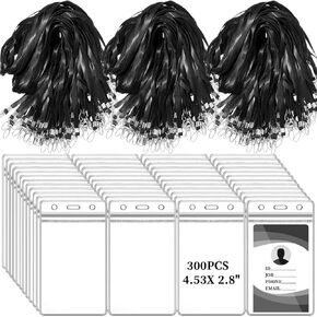 Harloon 600 Pieces Badge Holders and Lanyards Bulk 300 Pieces 4.5''×2.76'' Clear Plastic Vertical Name Tags Badge ID Card Holders and 300 Pieces Flat Neck Lanyards with Metal Swivel Hook Clip(Black)