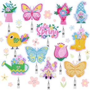 Whaline 12Pcs Spring Felt Badge Reel Holders for Nurse Retractable Nurse Name ID Badge Reel Summer Gnome Butterfly Flower Badge Reels for Nurse Teacher Students Doctor