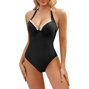 Zando Womens Pearl V Neck One Piece Swimsuit Women Tummy Control Bathing Suit for Women Sexy Lace up Halter 1 Piece Swim Suit