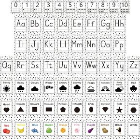 67 PCS Classroom Alphabet Number Educational Poster Cards with Weather Shape Color Learning Cards Decorations, Black and White Polka Dot Bulletin Board Letter, School Home Wall Decor for Teacher