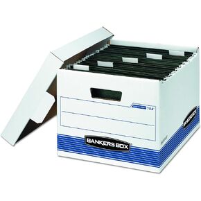 Bankers Box 4 Pack HANG'N'STOR Medium-Duty File Storage Boxes, FastFold, Lift-Off Lid, Letter, White/Blue