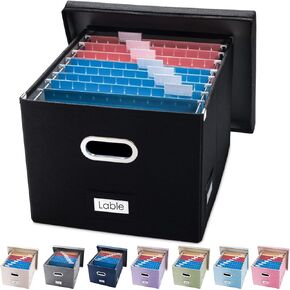 Prandom File Organizer Box - Set of 1 Collapsible Decorative Linen Filing Storage Hanging File Folders with Lids Office Cabinet Letter/Legal Size Grey (17x14x11.2 inch)