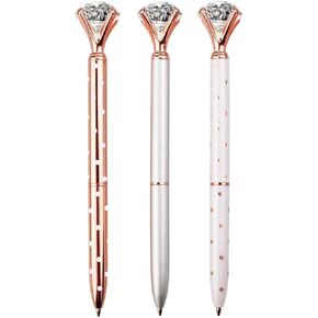 3PCS Big Crystal Diamond Ballpoint Pen Bling Metal Ballpoint PenOffices and schools, silver/White With Polka Dots/Rose Gold With Polka Dots, Includes 3 Pen Refills