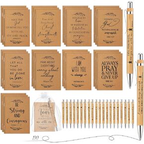 Jutom Set of 30 Christian Gift Bible Verse Retractable Bamboo Pens and Kraft Notebooks Religious Inspirational Notebooks with White Organza Gift Bag for Men Women Office School Church Supplies