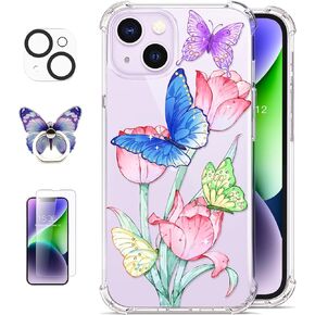 ROSEPARROT Designed for iPhone 14 Case with Tempered Glass Screen Protector + Camera Lens Protector, Clear with Floral Pattern Design, Shockproof Protective Cover (Abundant Blossom)