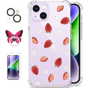 جراب ROSEPARROT مصمم لهاتف iPhone 14 مع واقي شاشة من الزجاج المقوى + واقي عدسة الكاميرا، شفاف بتصميم نمط الأزهار، غطاء واقٍ مقاوم للصدمات (الكركديه)