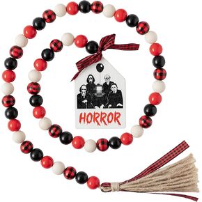 شخصيات فيلم الرعب الكلاسيكي، شرابة خرز خشبية، إكليل خرز خشبي للهالوين مقاس 101.6 سم، إكليل خرز خشبي للهالوين مع حبل من الجوت، علامة رعب منقوشة، خرز خشبي للمزرعة، ديكور صينية متدرجة للمنزل in Kuwait