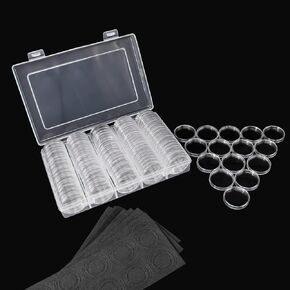 100 Pack 30mm Clear Round Coin Capsules with 5 Sizes (17/20/25/27/30mm) Protect Gasket and Plastic Storage Organizer Box for Coin Collection Supplies, Black