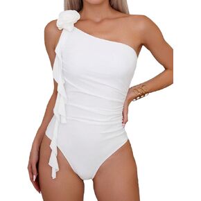 OYOANGLE Women's One Piece Swimsuit 3D Floral Appliques One Shoulder Ruffle Trim Ruched Bathing Suit Swimwear