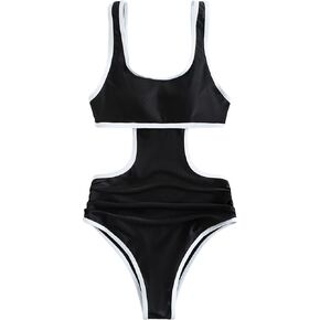 Floerns Women's Cut Out Back Bathing Suit Contrast Binding Scoop Neck Ruched Monokini Swimsuit