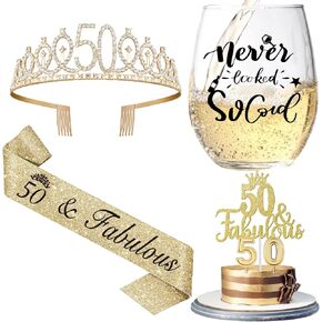 50th Birthday Gifts for Women with 15oz Wine Glass, 50th Birthday Crown, Sash, Cake Topper and Candles, 50 Year Old Birthday Decorations 50th Birthday Gifts Idea