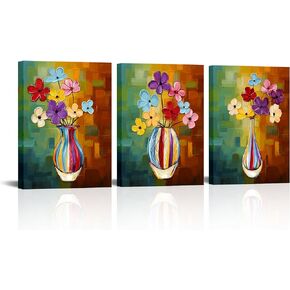 Flower Canvas Wall Art Hand Painted 3D Contemporary Colorful Beauty Of Life Floral in Vase Oil Painting Textured Pictures Canvas Wall Decor for Living Room Bedroom Home Decorations