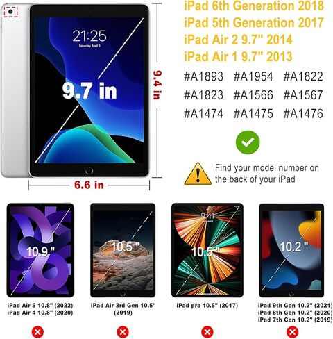 حافظة آيباد 9.7 بوصة تناسب آيباد 9.7 2018 2017 / آيباد إير 2 / آيباد إير - غطاء حماية دوار 360 درجة لجهاز آيباد 9.7 بوصة (الجيل الخامس، الجيل السادس) / آيباد إير 2 / آيباد إير مع خاصية التنبيه التلقائي للنوم (أسود) in Kuwait