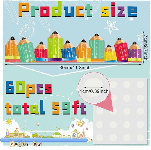 60 Pack 59ft Pencil Bulletin Board Border Classroom Rainbow Bulletin Borders Colorful Bulletin Board Trim Rustic Pencils Border and 100 Pcs Glue Points for School Classroom Chalkboard Desks Home Decor in Saudi Arabia