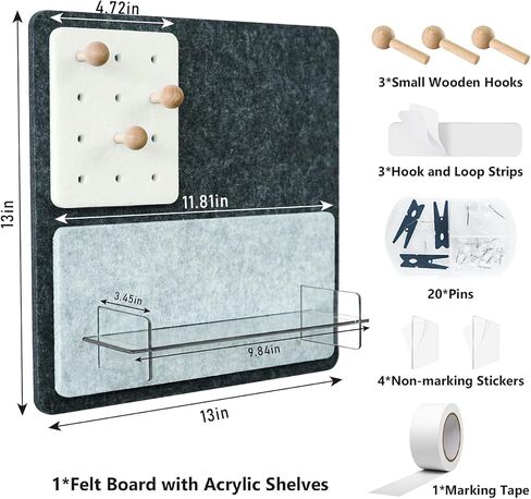 Felt Board & Acrylic Shelves for Wall,13"x13" Pin Board with 20 Push Pins, Non-Adhesive Small Bulletin Board Notice Board Message Board Wall Decor Sign Board for Home Office Classroom in Kuwait