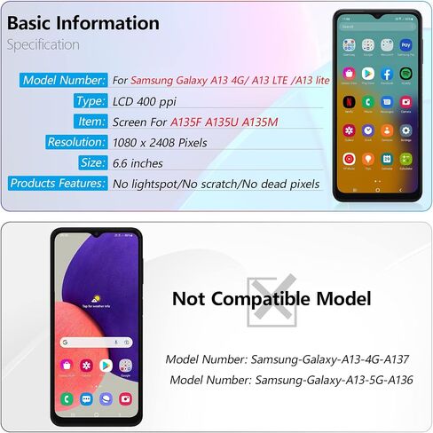 شاشة YWLRONG لهاتف Samsung Galaxy A13 4G استبدال شاشة LCD تعمل باللمس محول رقمي داخلي لمجموعة استبدال A135F A135U A135M مع عدة in Saudi Arabia