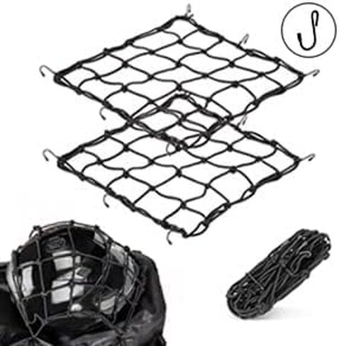 2 Pack Black Cargo Nets, Heavy Duty Latex 17"X17" Bungee Net Stretches to 34"x34", Gear Helmet Luggage Net with Tight 2.3"x2.3" Mesh & 12 Adjustable Plastic Hooks for Motorcycle, Bike, ATV in Saudi Arabia