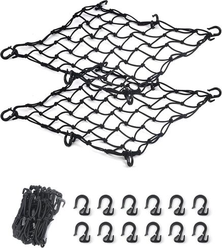 2 Pack Black Cargo Nets, Heavy Duty Latex 17"X17" Bungee Net Stretches to 34"x34", Gear Helmet Luggage Net with Tight 2.3"x2.3" Mesh & 12 Adjustable Plastic Hooks for Motorcycle, Bike, ATV in Saudi Arabia