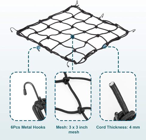 2 Pack Black Cargo Nets, Heavy Duty Latex 17"X17" Bungee Net Stretches to 34"x34", Gear Helmet Luggage Net with Tight 2.3"x2.3" Mesh & 12 Adjustable Plastic Hooks for Motorcycle, Bike, ATV in Saudi Arabia