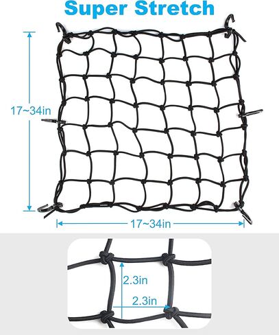 2 Pack Black Cargo Nets, Heavy Duty Latex 17"X17" Bungee Net Stretches to 34"x34", Gear Helmet Luggage Net with Tight 2.3"x2.3" Mesh & 12 Adjustable Plastic Hooks for Motorcycle, Bike, ATV in Saudi Arabia