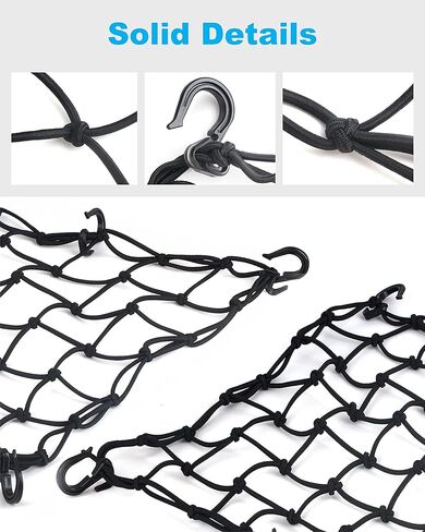 2 Pack Black Cargo Nets, Heavy Duty Latex 17"X17" Bungee Net Stretches to 34"x34", Gear Helmet Luggage Net with Tight 2.3"x2.3" Mesh & 12 Adjustable Plastic Hooks for Motorcycle, Bike, ATV in Saudi Arabia