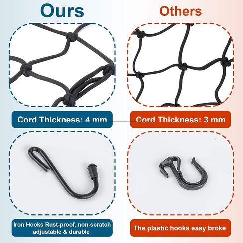 2 Pack Black Cargo Nets, Heavy Duty Latex 17"X17" Bungee Net Stretches to 34"x34", Gear Helmet Luggage Net with Tight 2.3"x2.3" Mesh & 12 Adjustable Plastic Hooks for Motorcycle, Bike, ATV in Saudi Arabia