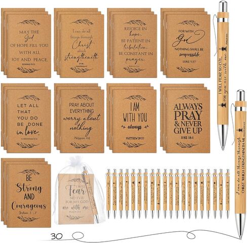 Jutom Set of 30 Christian Gift Bible Verse Retractable Bamboo Pens and Kraft Notebooks Religious Inspirational Notebooks with White Organza Gift Bag for Men Women Office School Church Supplies in Saudi Arabia