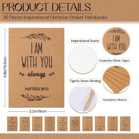 Jutom Set of 30 Christian Gift Bible Verse Retractable Bamboo Pens and Kraft Notebooks Religious Inspirational Notebooks with White Organza Gift Bag for Men Women Office School Church Supplies in Saudi Arabia