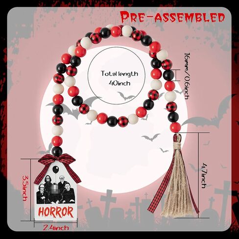 شخصيات فيلم الرعب الكلاسيكي، شرابة خرز خشبية، إكليل خرز خشبي للهالوين مقاس 101.6 سم، إكليل خرز خشبي للهالوين مع حبل من الجوت، علامة رعب منقوشة، خرز خشبي للمزرعة، ديكور صينية متدرجة للمنزل in Kuwait
