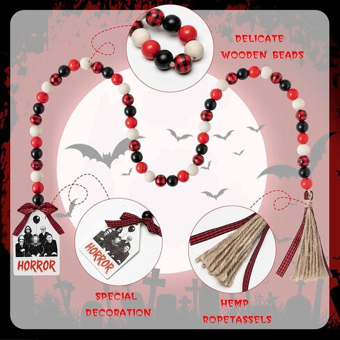 شخصيات فيلم الرعب الكلاسيكي، شرابة خرز خشبية، إكليل خرز خشبي للهالوين مقاس 101.6 سم، إكليل خرز خشبي للهالوين مع حبل من الجوت، علامة رعب منقوشة، خرز خشبي للمزرعة، ديكور صينية متدرجة للمنزل in Kuwait