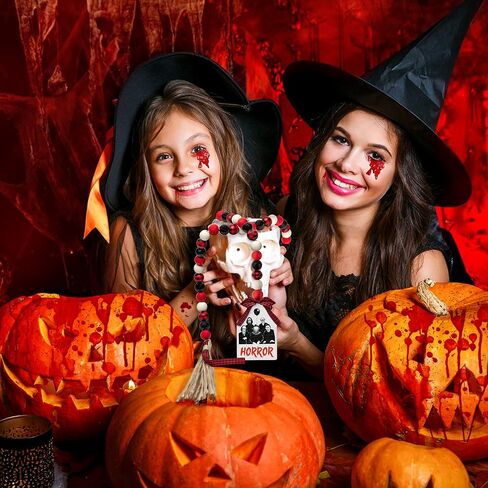 شخصيات فيلم الرعب الكلاسيكي، شرابة خرز خشبية، إكليل خرز خشبي للهالوين مقاس 101.6 سم، إكليل خرز خشبي للهالوين مع حبل من الجوت، علامة رعب منقوشة، خرز خشبي للمزرعة، ديكور صينية متدرجة للمنزل in Kuwait