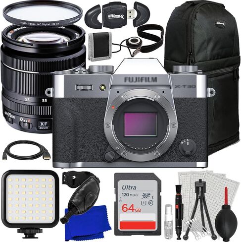 كاميرا Ultimaxx Starter FUJIFILM X-T30 II بدون مرآة مع حزمة عدسات 18-55 مم (فضية) - تتضمن: بطاقة ذاكرة فائقة 64 جيجابايت، حقيبة ظهر بحمالة، طقم إضاءة LED، مرشح للأشعة فوق البنفسجية الواقية والمزيد (حزمة 25 قطعة) in Kuwait