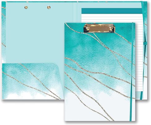Cute Clipboard Folio - Professional Padfolio Includes Lined Notepad - Pen Loop and Interior Storage Pocket - Stylish Teal Watercolor and Gold Design Clip Folio with Gold Clip. in Kuwait