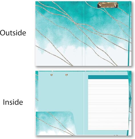 Cute Clipboard Folio - Professional Padfolio Includes Lined Notepad - Pen Loop and Interior Storage Pocket - Stylish Teal Watercolor and Gold Design Clip Folio with Gold Clip. in Kuwait