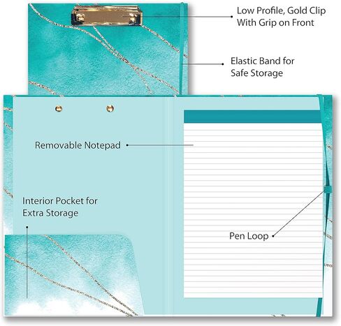 Cute Clipboard Folio - Professional Padfolio Includes Lined Notepad - Pen Loop and Interior Storage Pocket - Stylish Teal Watercolor and Gold Design Clip Folio with Gold Clip. in Kuwait